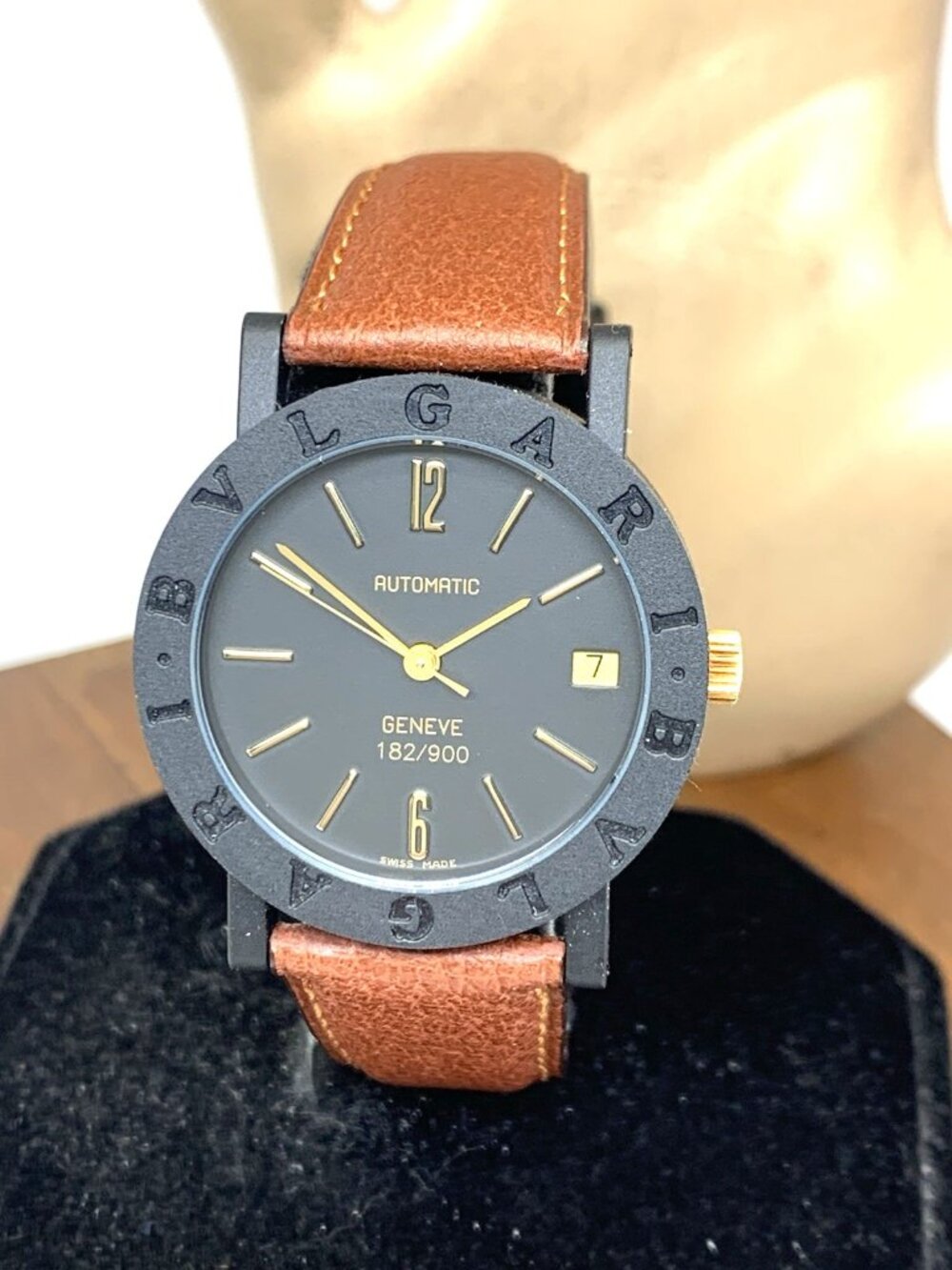 Bvlgari Watch Limited Edition Geneve Swiss Automatic Black Dial Brown Leather
